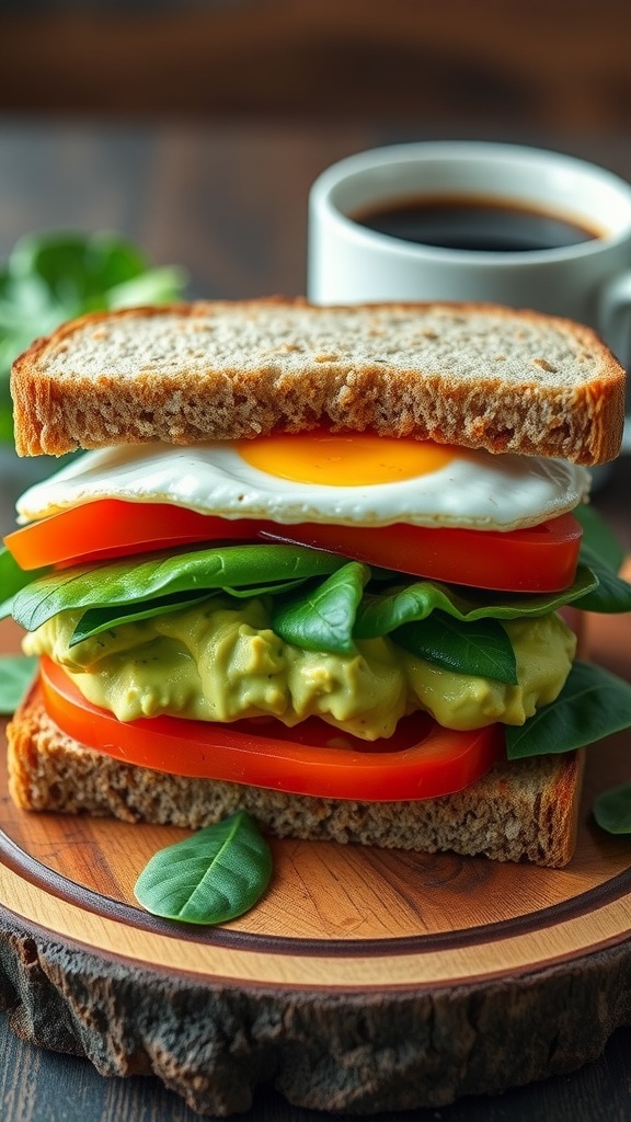 A delicious breakfast sandwich with egg, avocado, spinach, and tomato on whole grain bread, displayed on a wooden board.